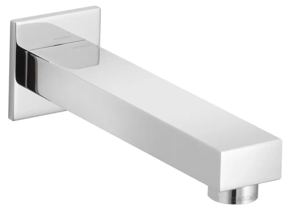 Chromierter Wasserhahn mit quadratischem Auslauf und rechteckiger Montageplatte von Keuco. Strukturiertes Design ohne sichtbare Bedienelemente.